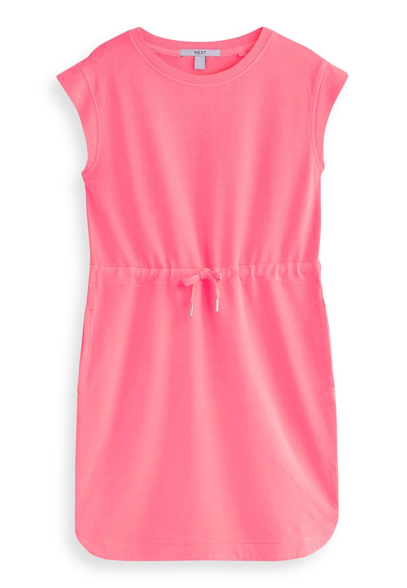 Rosa ärmelloses Kleid aus weichem Stoff, mit einem Kordelzuge waist, zwei Seitentaschen und einem runden Ausschnitt.