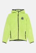 Hellgrüne Fleecejacke mit Frontreißverschluss, Kapuze und marineblauem Besatz. Verfügt über einen bestickten Aufnäher und zwei seitliche Reißverschlusstaschen.