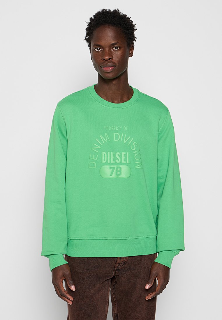 Grüner Baumwollpullover mit Rundhalsausschnitt, gerippten Bündchen und einem geprägten Textdesign mit "Denim Division Diesel 78".