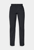 Schwarze, leichte, wasserabweisende Hose mit elastischem Bund und zwei Seitentaschen; glatte Textur; gerade Beinform.