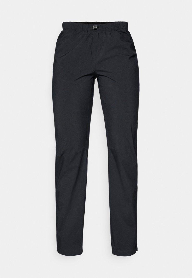 Schwarze, leichte, wasserabweisende Hose mit elastischem Bund und zwei Seitentaschen; glatte Textur; gerade Beinform.