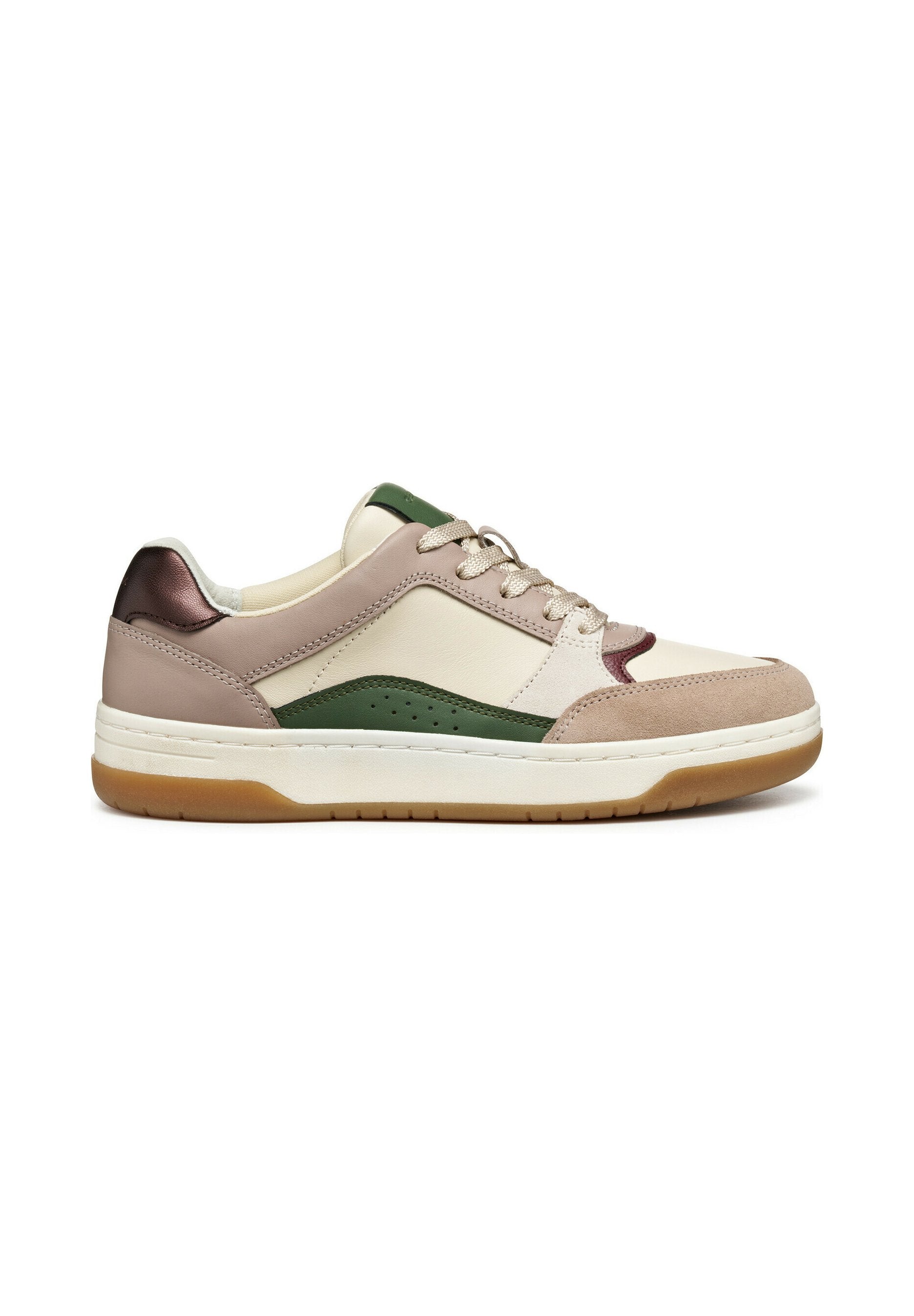 Sneaker aus einer Mischung von beigem, grünem und braunem Leder und Wildleder. Abgerundete Form, Schnürverschluss und eine strukturierte Gummisohle.