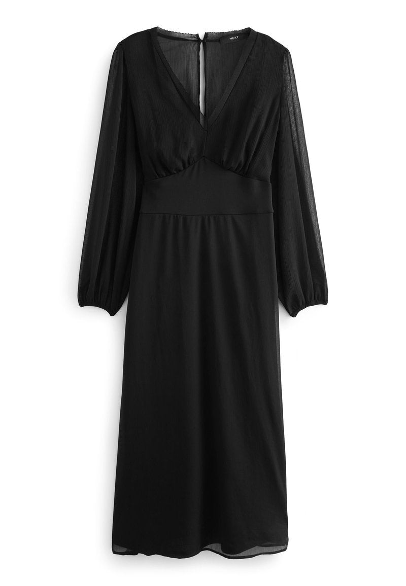Schwarzes Kleid mit V-Ausschnitt, langen durchsichtigen Puffärmeln und eng anliegendem Oberteil. Hergestellt aus leichtem, texturiertem Stoff, fließt es sanft.