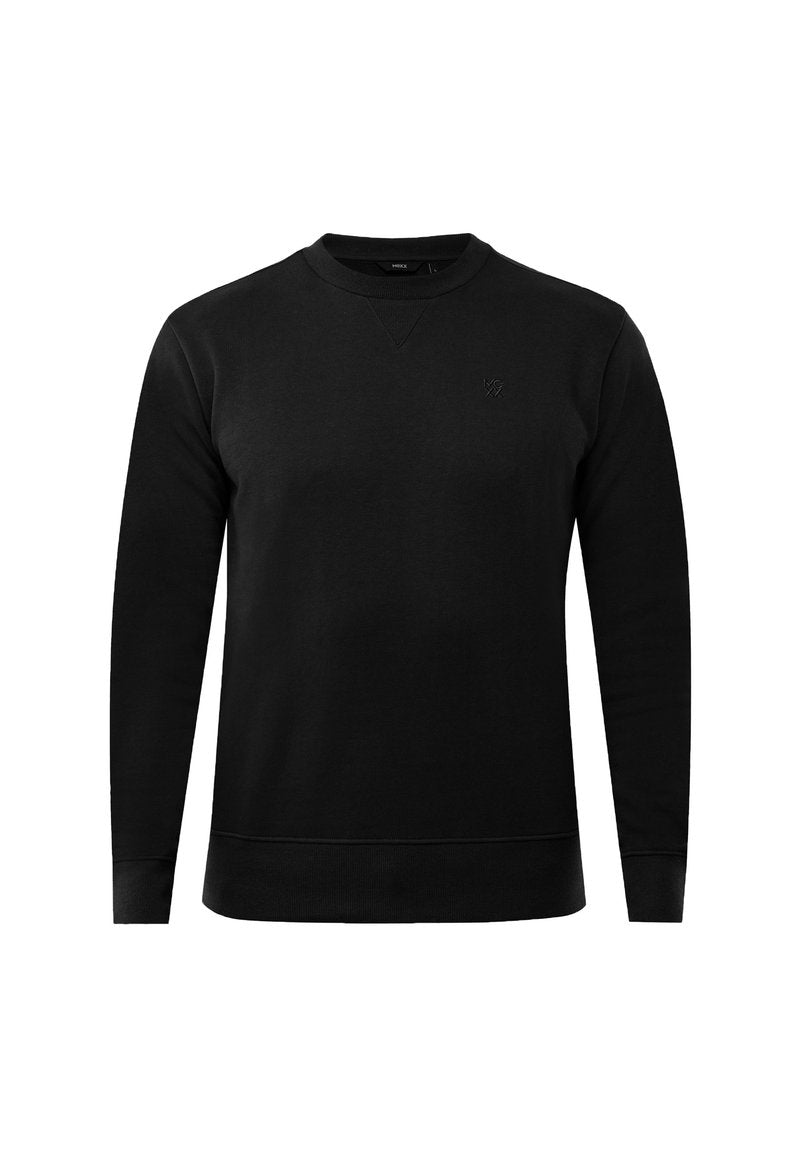 Schwarzes Sweatshirt mit Rundhalsausschnitt und langen Ärmeln sowie subtiler Markenlogo auf der oberen linken Brust.