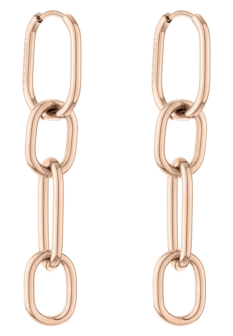 Ohrringe aus rosegoldfarbenem Metall mit Kettengliedern, die ineinandergreifende ovale Formen zeigen, in einem polierten Finish und mit einer glatten, eleganten Textur. Jeder Ohrring besteht aus mehreren Gliedern.