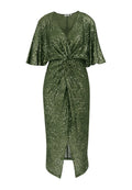 Olivengrünes Paillettenkleid mit V-Ausschnitt, flatternden Ärmeln, geknotetem Vorderteil und einem knielangen Design mit einem hohen Schlitz bis zum Oberschenkel.