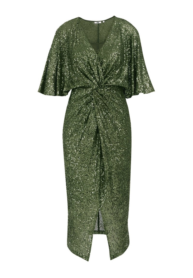 Olivengrünes Paillettenkleid mit V-Ausschnitt, flatternden Ärmeln, geknotetem Vorderteil und einem knielangen Design mit einem hohen Schlitz bis zum Oberschenkel.