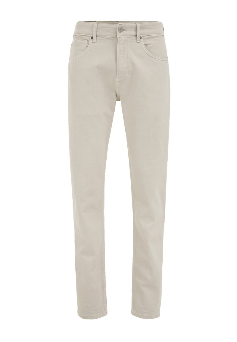 Beige Jeanshose in Slim-Fit-Form, mit fünf Taschen, Knopfverschluss und dezenten Stickdetails. Glatte Textur, lässiges Design.