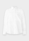 Weißes Langarmhemd mit Button-Down-Kragen, zwei Brusttaschen und geradem Schnitt. Hergestellt aus leichtem Stoff mit einer glatten Textur.