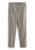 Beige- und schwarze karierte gerade geschnittene Hose mit seitlichen Taschen, Knopfverschluss und Schlitzöffnung am Saum.