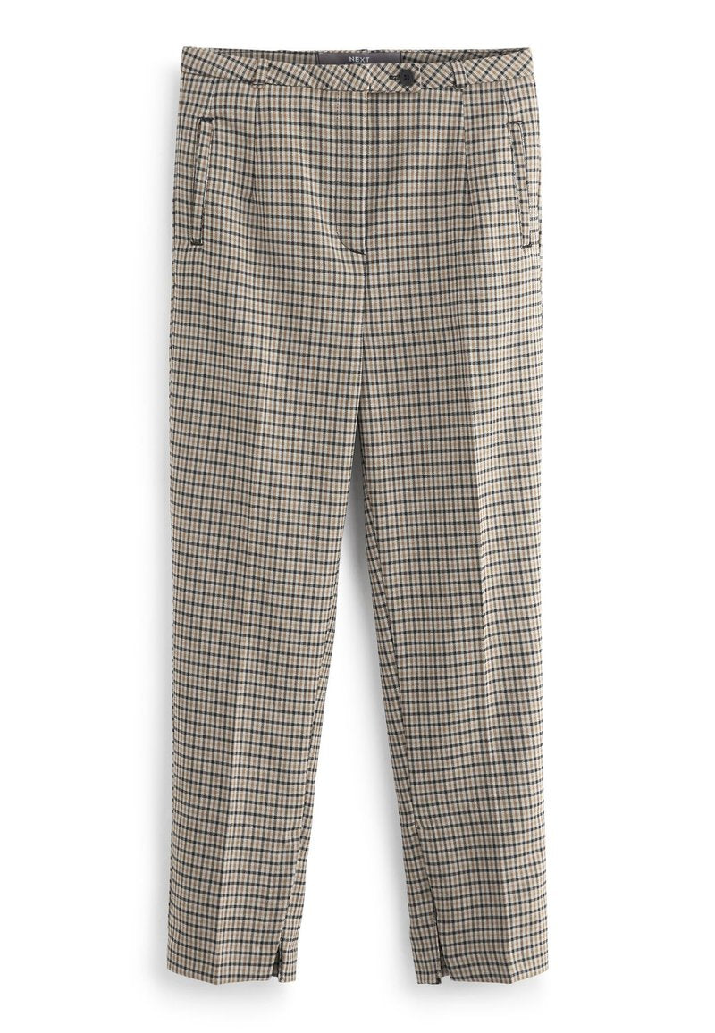 Beige- und schwarze karierte gerade geschnittene Hose mit seitlichen Taschen, Knopfverschluss und Schlitzöffnung am Saum.