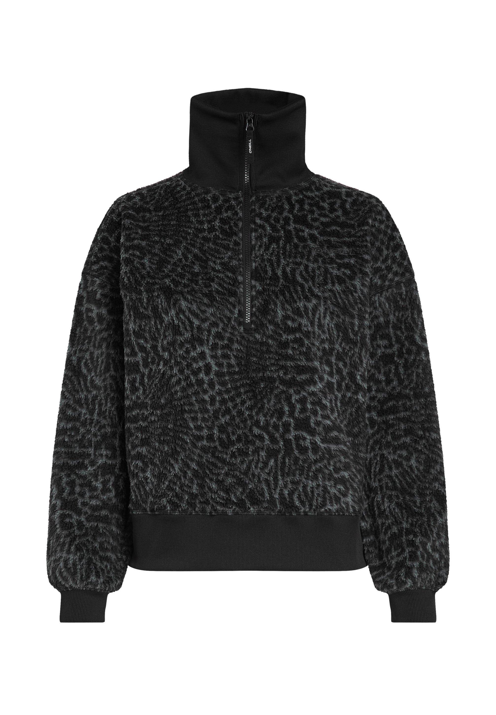 Schwarzer strukturiert Fleece-Pullover mit hohem Kragen und Halb-Reißverschluss, ausgestattet mit gerippten Bündchen und Saum für einen engen Sitz.