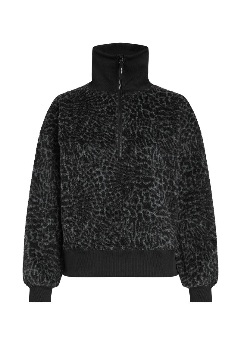 Schwarzer strukturiert Fleece-Pullover mit hohem Kragen und Halb-Reißverschluss, ausgestattet mit gerippten Bündchen und Saum für einen engen Sitz.