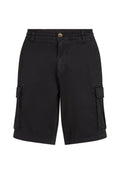 Schwarze Cargo-Shorts aus Baumwolle mit gestickten Akzenten, seitlichen Taschen und einem Frontknopfverschluss, die einen lässigen Schnitt bieten.