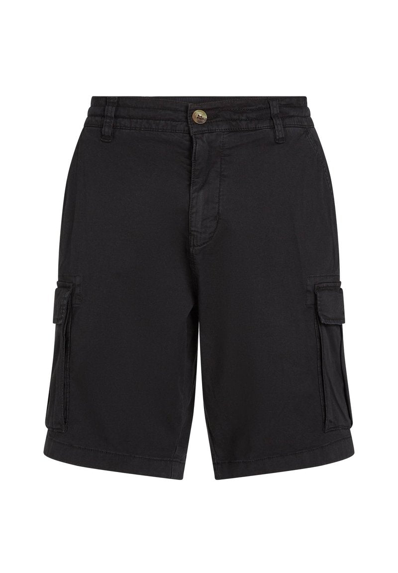 Schwarze Cargo-Shorts aus Baumwolle mit gestickten Akzenten, seitlichen Taschen und einem Frontknopfverschluss, die einen lässigen Schnitt bieten.