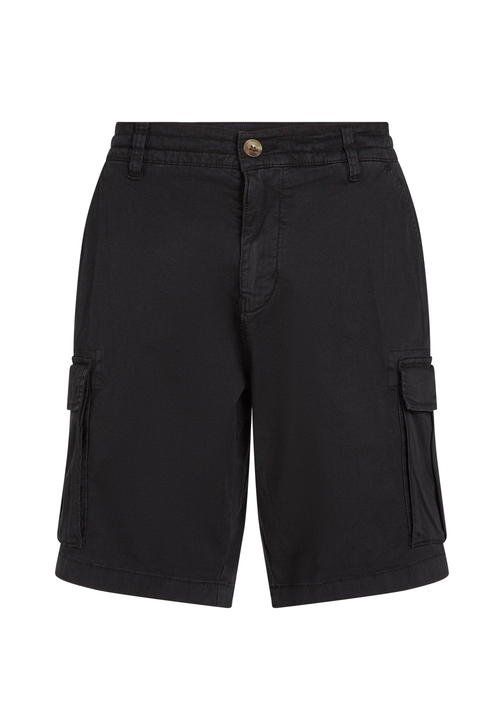 Schwarze Cargo-Shorts aus Baumwolle mit gestickten Akzenten, seitlichen Taschen und einem Frontknopfverschluss, die einen lässigen Schnitt bieten.