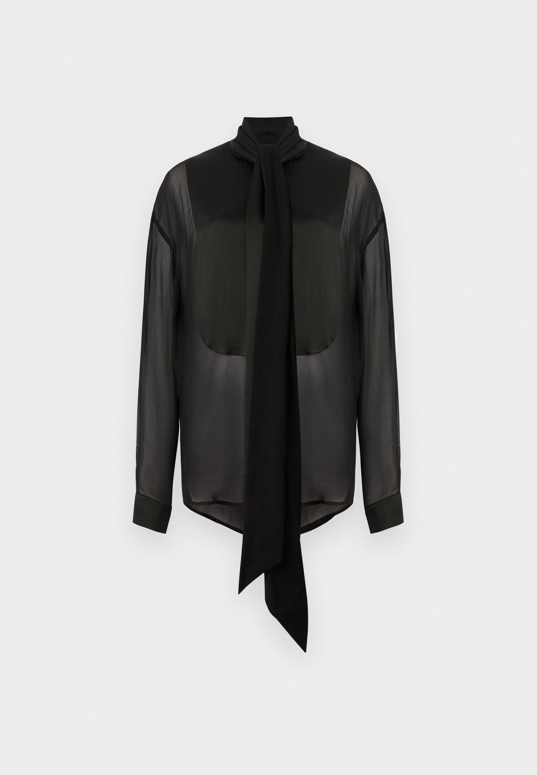 Schwarze Chiffonbluse mit langem Bindeband, hohem Kragen und langen Ärmeln. Durchsichtige Textur mit festen schwarzen Manschetten und gerundetem Saum.
