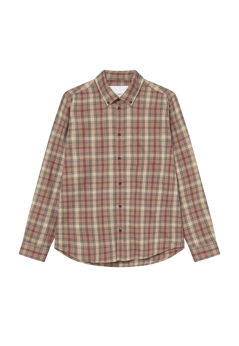 Langärmliges kariertes Hemd in Beige-, Braun- und Grüntönen, mit durchgehender Knopfleiste, klassischem Kragen und gewelltem Saum.