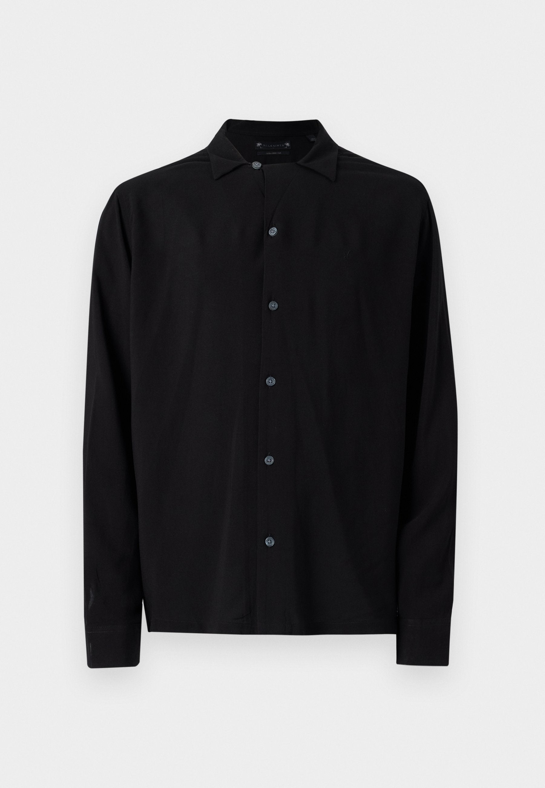 Schwarzes Langarmshirt mit einem klassischen Kragen, Knöpfen auf der Vorderseite und einer glatten Textur, geradem Saum und geknöpften Manschetten.