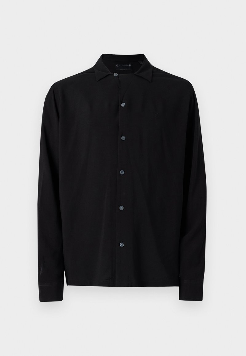 Schwarzes Langarmshirt mit einem klassischen Kragen, Knöpfen auf der Vorderseite und einer glatten Textur, geradem Saum und geknöpften Manschetten.