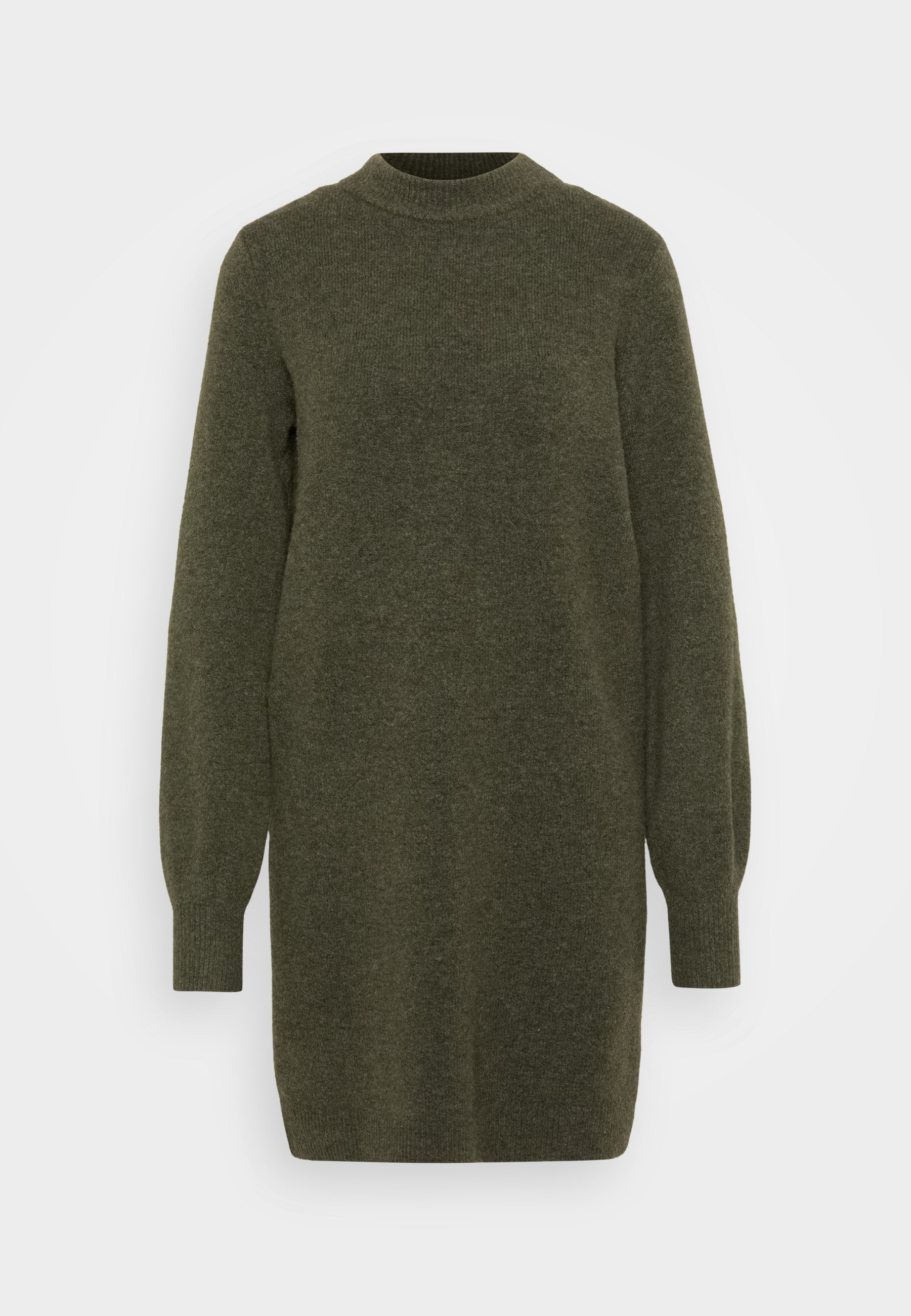 Strickkleid in Olivgrün mit hohem Kragen, langen Puffärmeln und lockerer Passform. Weicher Textil mit gerippten Ärmelbündchen.