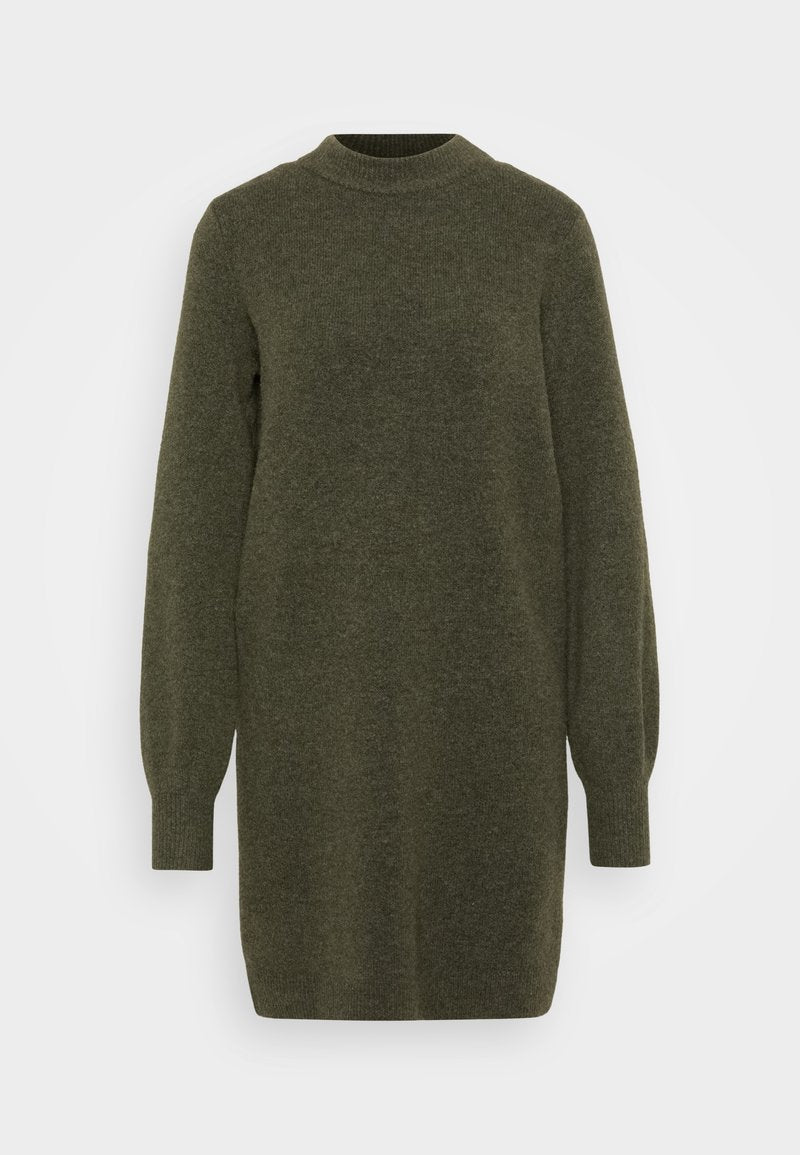 Strickkleid in Olivgrün mit hohem Kragen, langen Puffärmeln und lockerer Passform. Weicher Textil mit gerippten Ärmelbündchen.