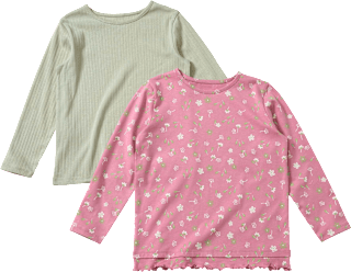Langarmshirts mit Blumen-Muster, Rüschen & Ripp-Struktur, rosa + grün, Gr. 134  ALANA