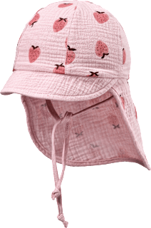 Schirmmütze aus Musselin mit Nackenschutz & Erdbeer-Muster, rosa, Gr. 48/49 ALANA