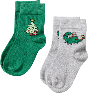 Socken mit Weihnachtsbaum- und Dino-Motiv, grün + grau, Gr. 23/26 ALANA