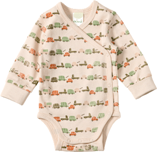 Wickelbody Langarm mit Mitwachsfunktion & Fahrzeug-Muster, beige, Gr. 62/68 ALANA
