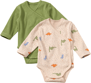Wickelbodys Langarm mit Dino-Muster, beige + grün, Gr. 62/68 ALANA