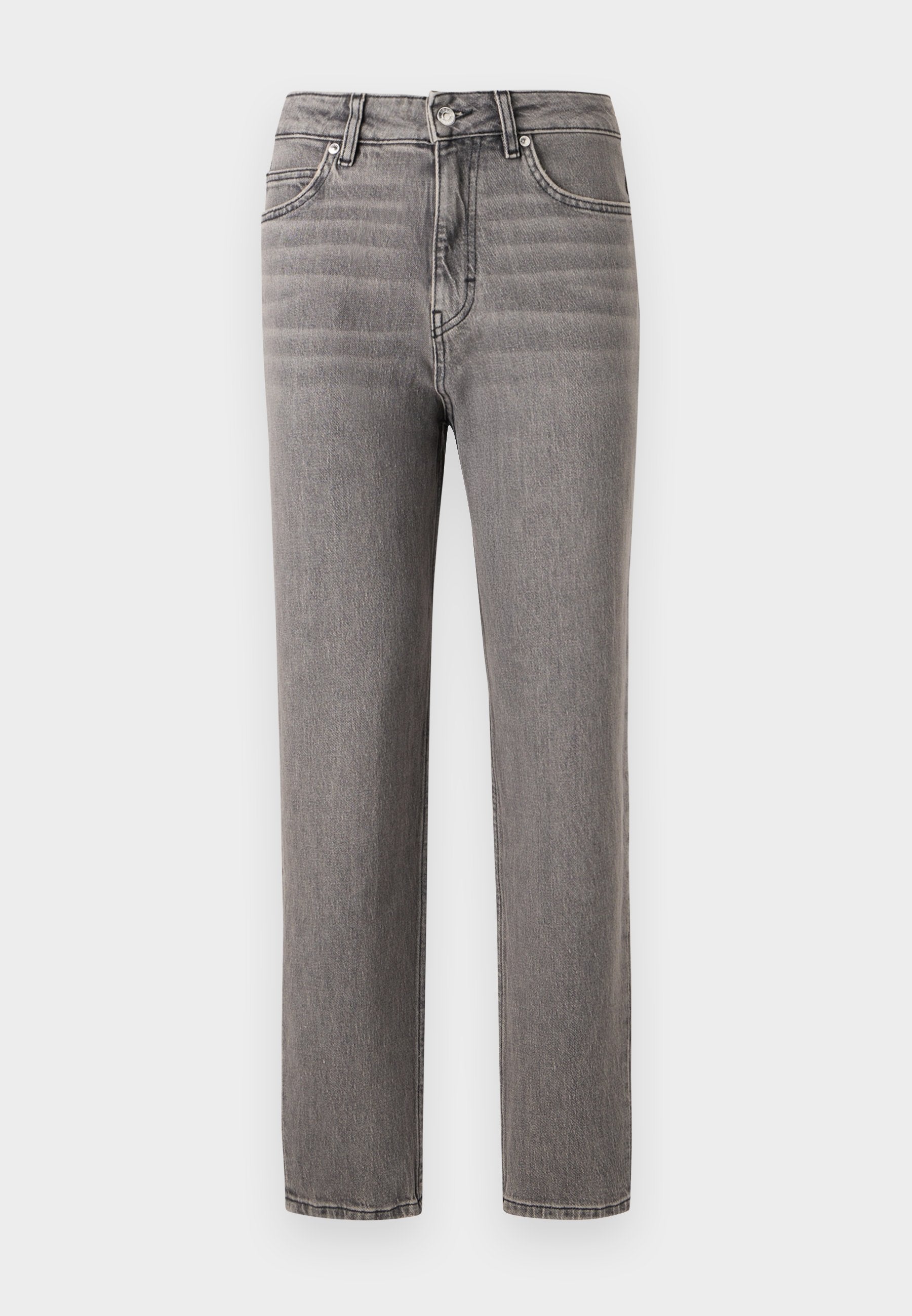 Graue Jeans aus Denim mit einem geraden Schnitt, mittelhoher Taille, fünf Taschen und subtilen vertikalen Nähdetails. Glatte Textur und leicht.