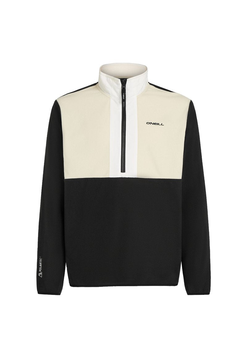 Schwarzer und cremefarbener Pullover mit einem Viertel-Reißverschluss und hohem Kragen. Mit Logo auf der Brust und elastischen Bündchen. Aus weichem Material gefertigt, mit Polartec-Logo.