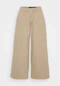 Beige weite Hosen aus Baumwollmischung mit vorderen Falten, einem Knopfverschluss und zwei Seitentaschen für Funktionalität.