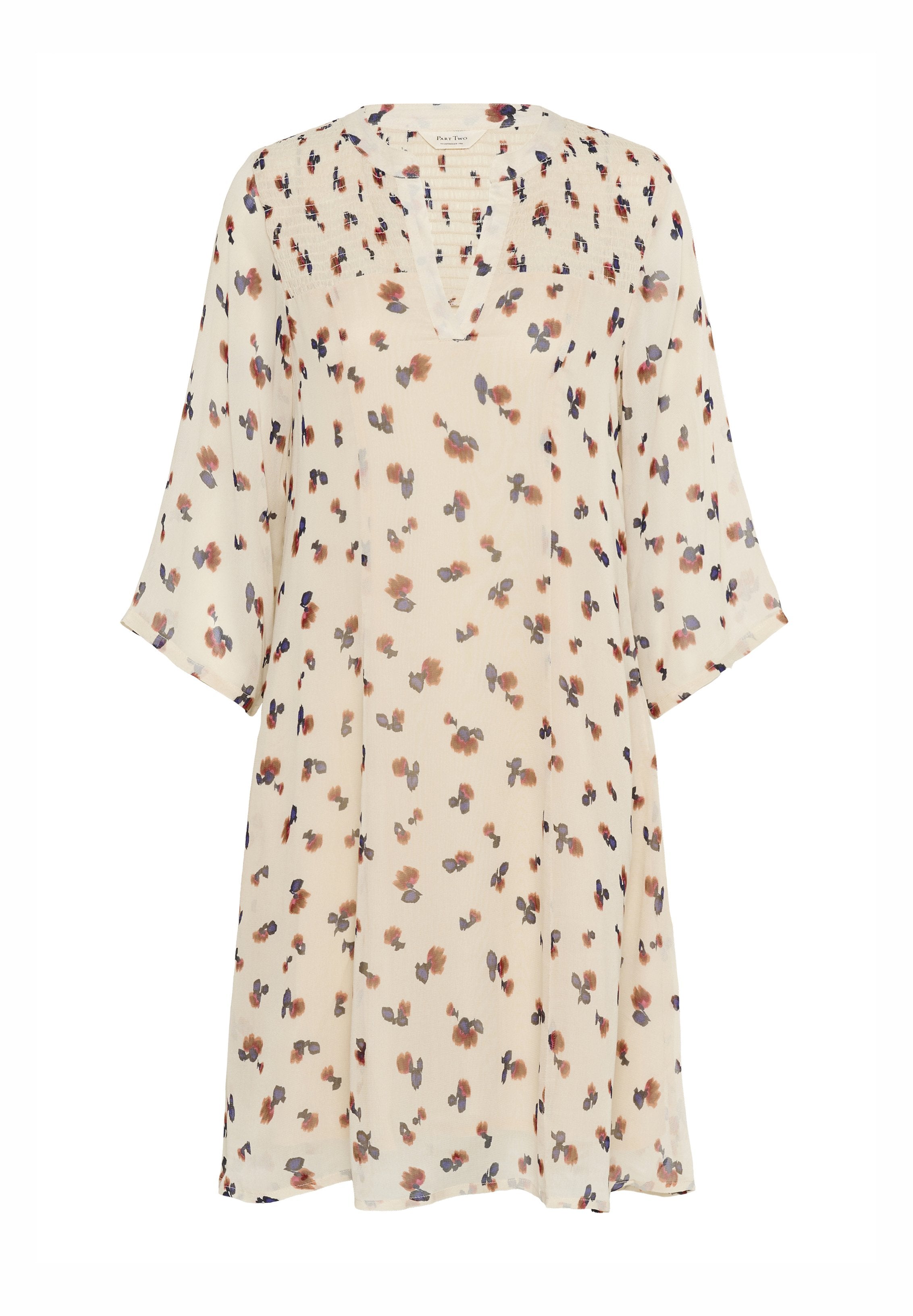 Blumendruckkleid in hellem Beige, mit V-Ausschnitt und Dreiviertelärmel. Hergestellt aus leichtem Stoff mit glatter Textur.