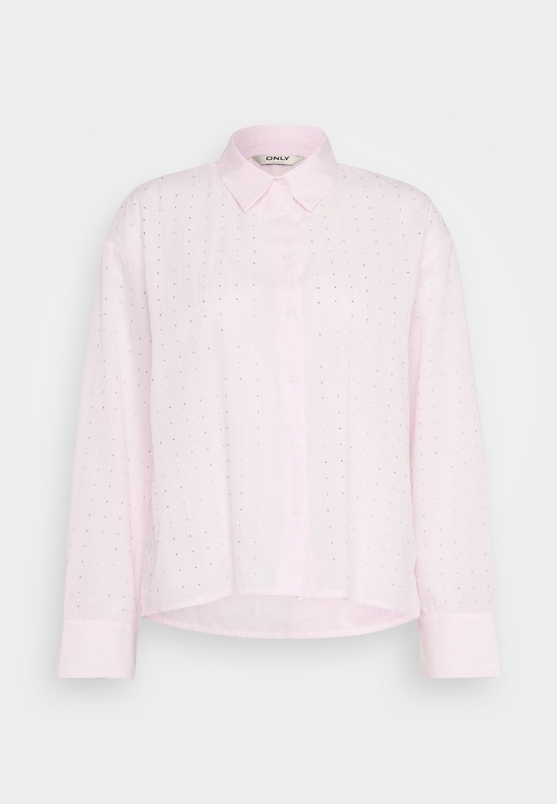 Helles rosa Hemd mit Knopfleiste und Kragen, vertikalen Streifen und kleinen silbernen Punkten, die gleichmäßig über den Stoff verteilt sind. Lange Ärmel.