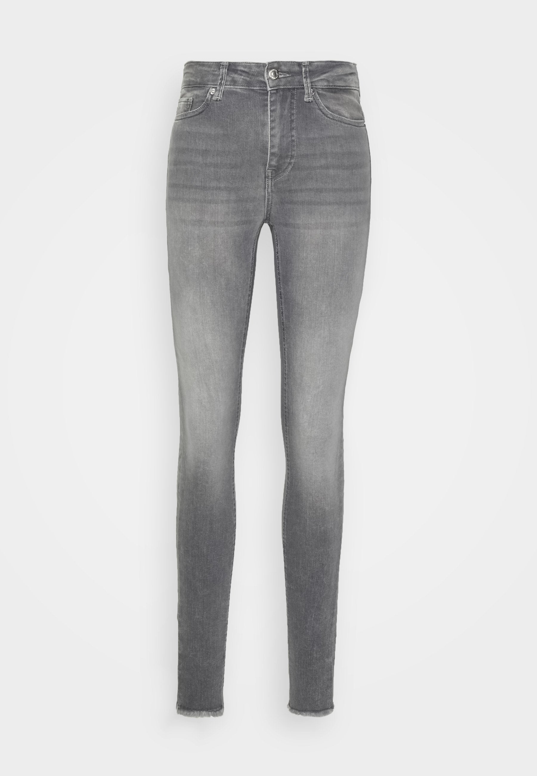 Schmale Jeans aus grauem Denim, mit einer verblassten Waschung, klassischem Fünf-Taschen-Design und fransigem Saum am Knöchel.