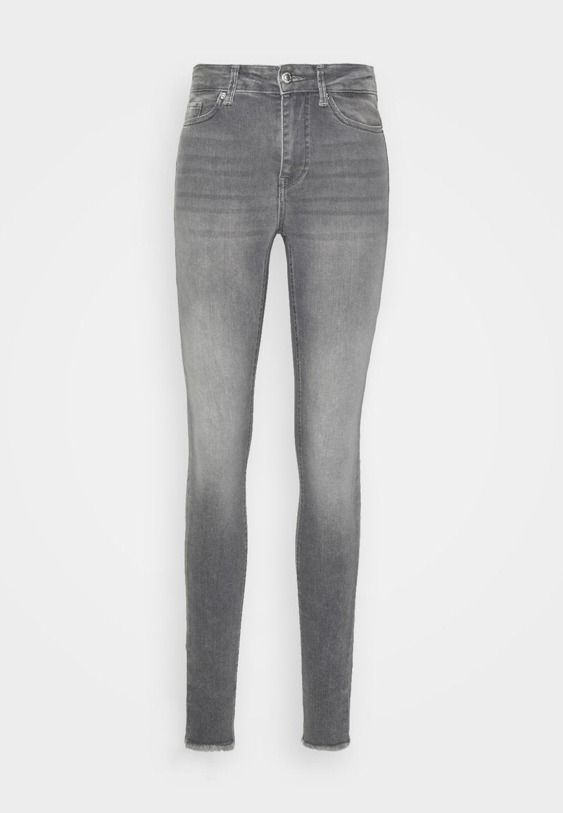 Schmale Jeans aus grauem Denim, mit einer verblassten Waschung, klassischem Fünf-Taschen-Design und fransigem Saum am Knöchel.