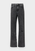 Wide-Leg-Jeans aus gewaschenem schwarzem Denim mit einem ausgefransten Knie-Detail, einem ausgefransten Saum und einem Standard-Knopfleistenverschluss mit Taschen.