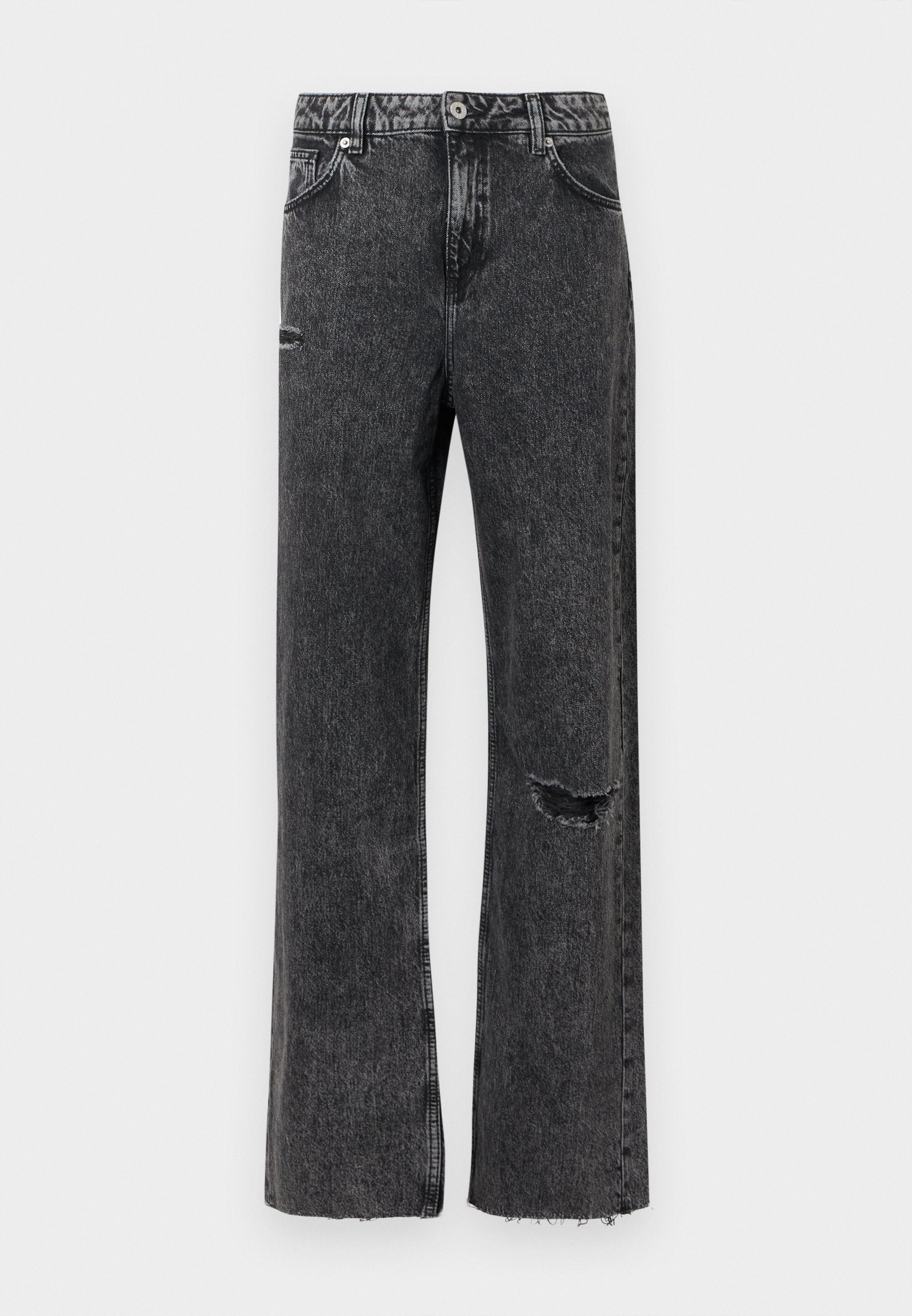 Wide-Leg-Jeans aus gewaschenem schwarzem Denim mit einem ausgefransten Knie-Detail, einem ausgefransten Saum und einem Standard-Knopfleistenverschluss mit Taschen.