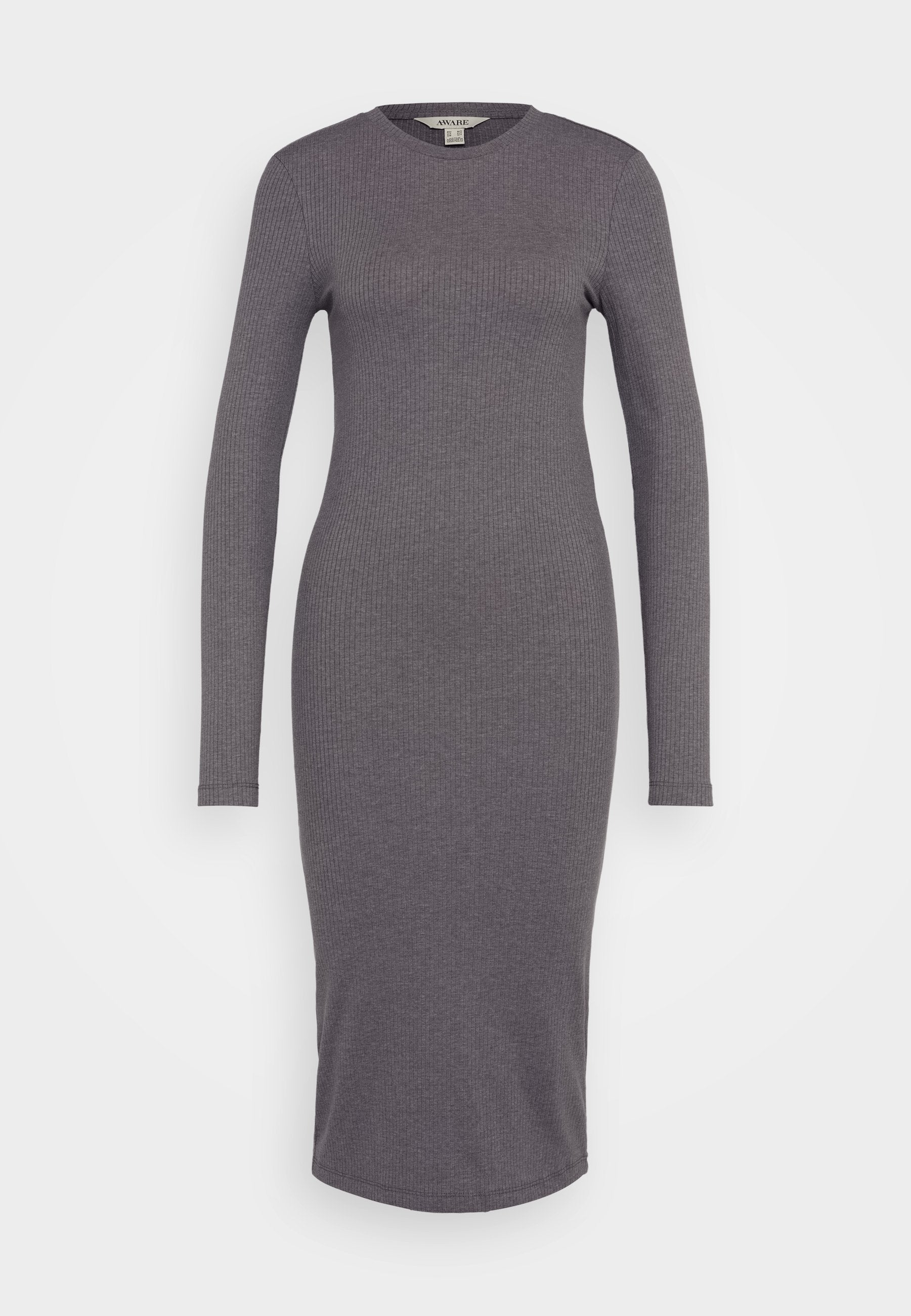 Langärmliges geripptes Kleid in Dunkelgrau mit rundem Halsausschnitt, taillierter Silhouette und knielanger Saumlänge, aus elastischem Material gefertigt.