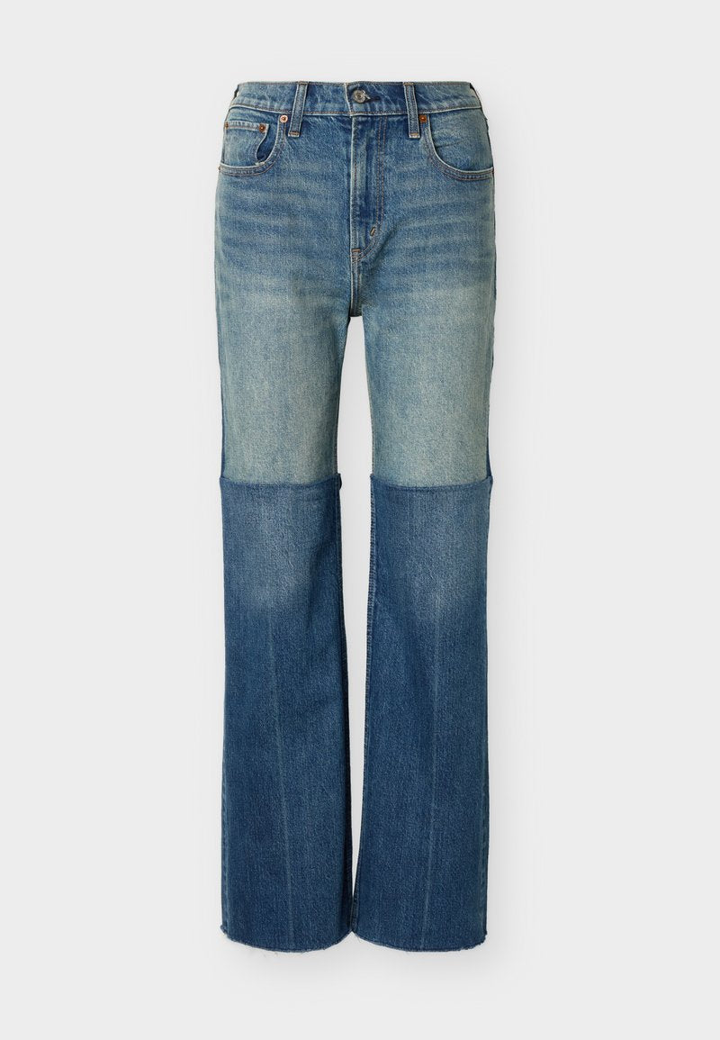 Zweifarbige Jeans aus Denim mit hellerer oberer Hälfte und dunklerer unterer Hälfte, klassischem Fünf-Taschen-Design und geradem Bein.