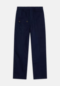 Navyblaue Baumwollhosen mit einem elastischen Bund, geradem Beindesign und einer großen Seitentasche mit zwei Knöpfen.