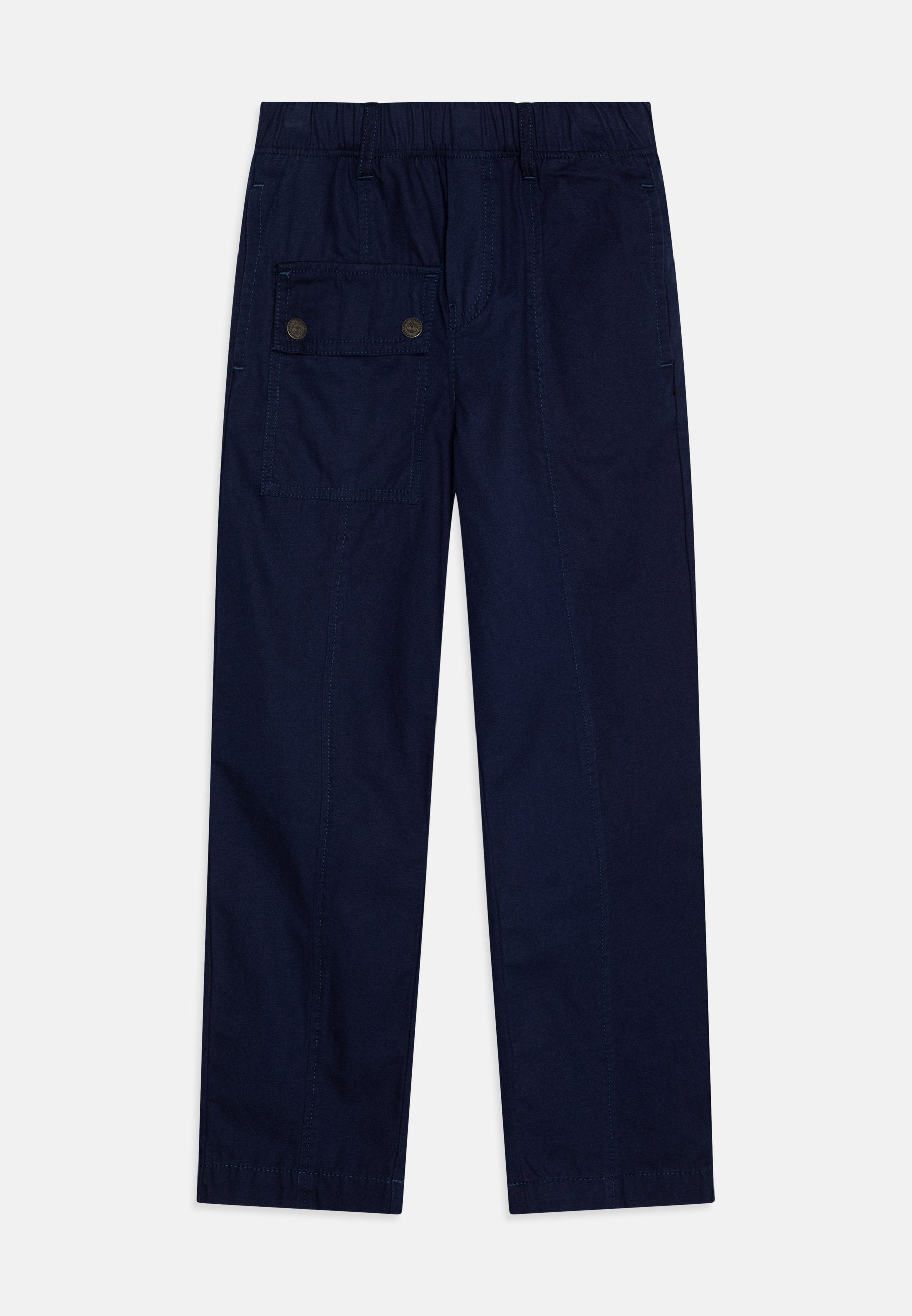 Navyblaue Baumwollhosen mit einem elastischen Bund, geradem Beindesign und einer großen Seitentasche mit zwei Knöpfen.
