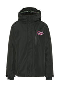 Schwarze Jacke mit einem Reißverschlusstasche und einem pinken Logo auf der Brust. Verfügt über eine gefütterte Kapuze und verstellbare Manschetten. Hergestellt aus strukturiertem Material.