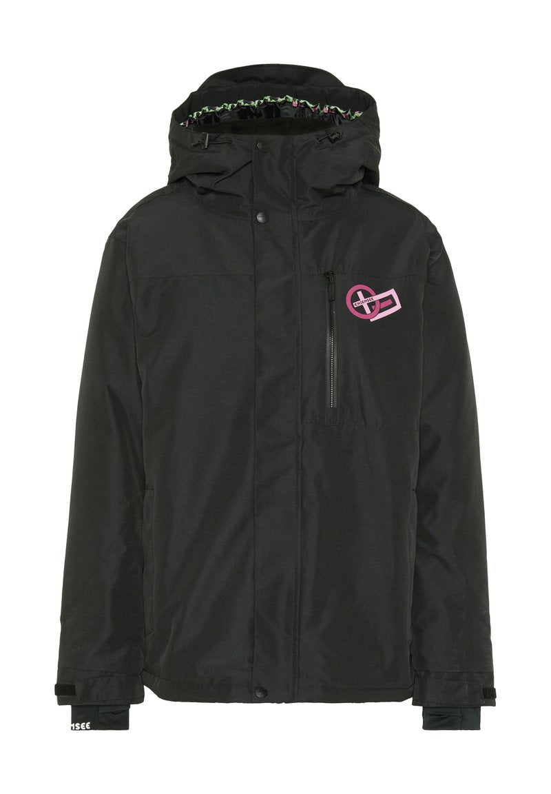 Schwarze Jacke mit einem Reißverschlusstasche und einem pinken Logo auf der Brust. Verfügt über eine gefütterte Kapuze und verstellbare Manschetten. Hergestellt aus strukturiertem Material.