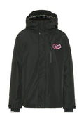 Schwarze Jacke mit einem Reißverschlusstasche und einem pinken Logo auf der Brust. Verfügt über eine gefütterte Kapuze und verstellbare Manschetten. Hergestellt aus strukturiertem Material.