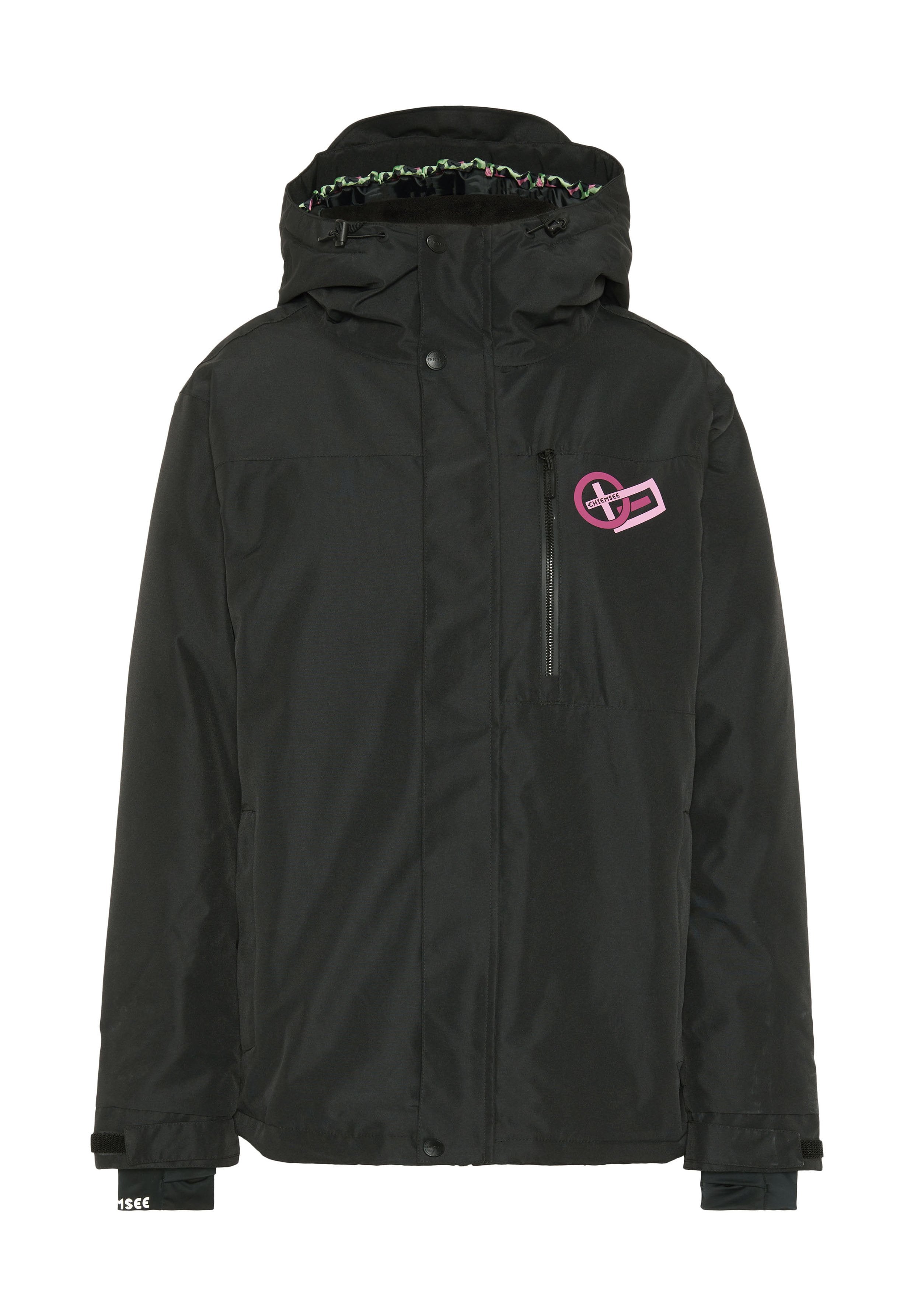 Schwarze Jacke mit einem Reißverschlusstasche und einem pinken Logo auf der Brust. Verfügt über eine gefütterte Kapuze und verstellbare Manschetten. Hergestellt aus strukturiertem Material.