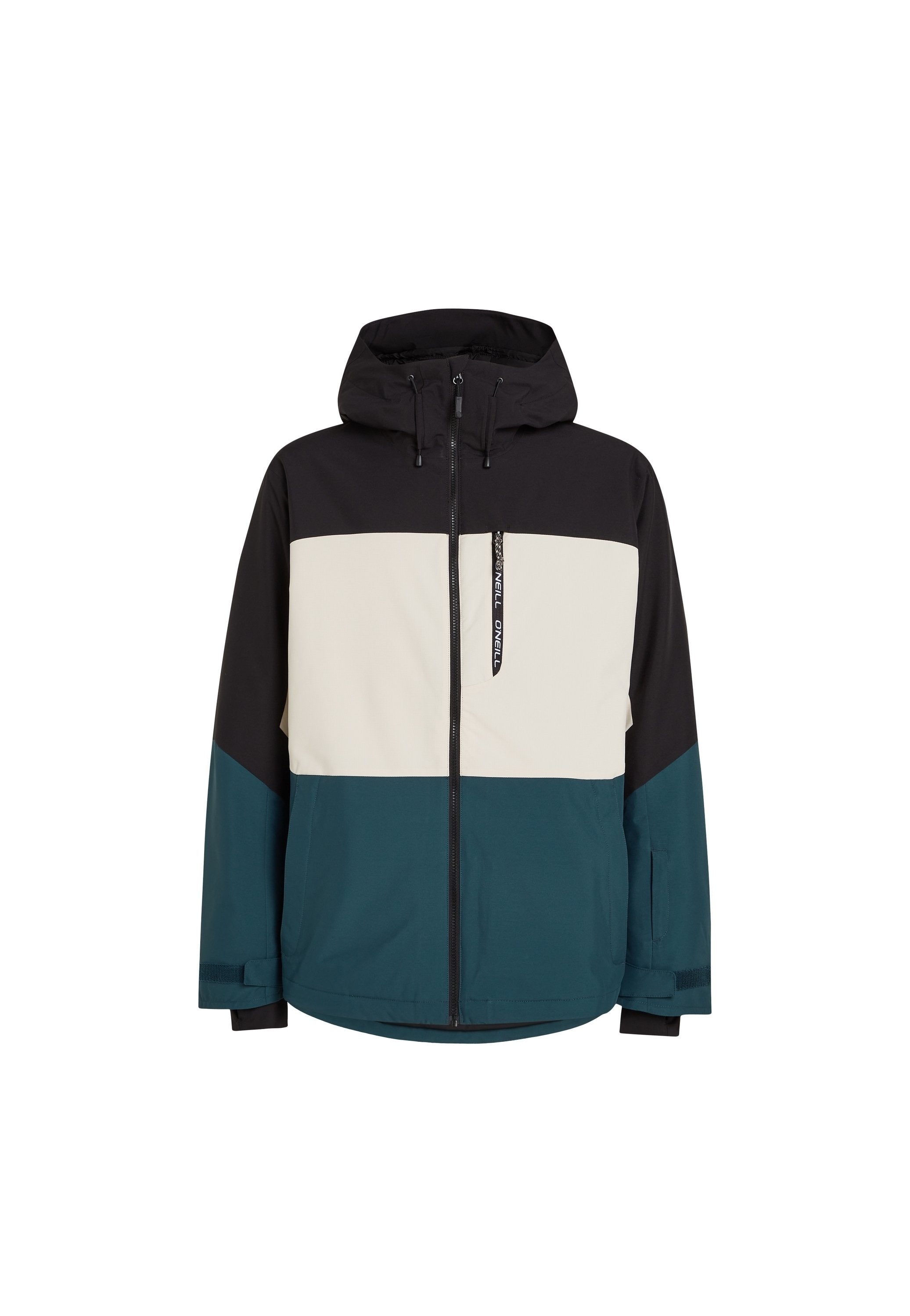 Farbengeteilte Jacke mit einer schwarzen Kapuze, einem oberen Abschnitt in Creme und einem unteren Abschnitt in Türkis. Verfügt über einen Reißverschluss vorne und verstellbare Kapuzenkordeln.