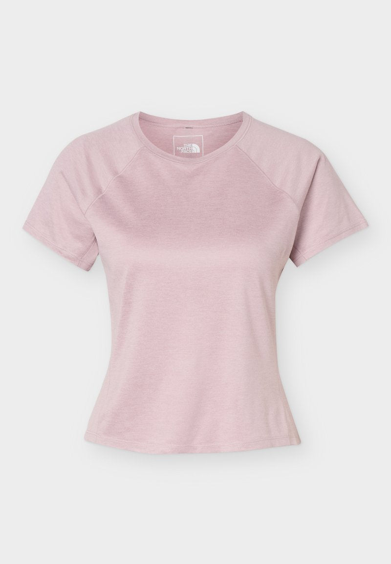 Hellrosa Damen-T-Shirt mit kurzen Ärmeln, Rundhalsausschnitt und Raglanärmeln, schlichtes Design, auf flachem weißem Hintergrund dargestellt.